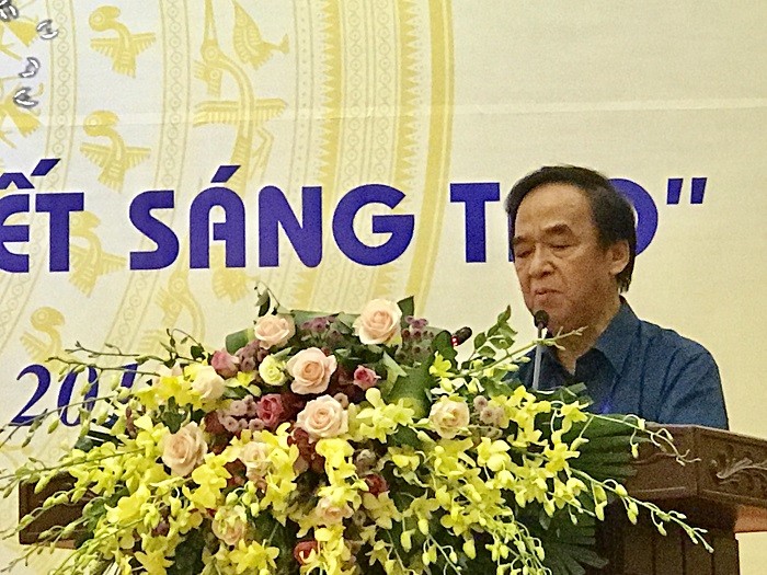 Hình ảnh Giáo sư Nguyễn Lân Dũng phát biểu tại lễ phát động Phong trào thi đua &quot;Đoàn kết sáng tạo&quot; (Ảnh: tác giả cung cấp).