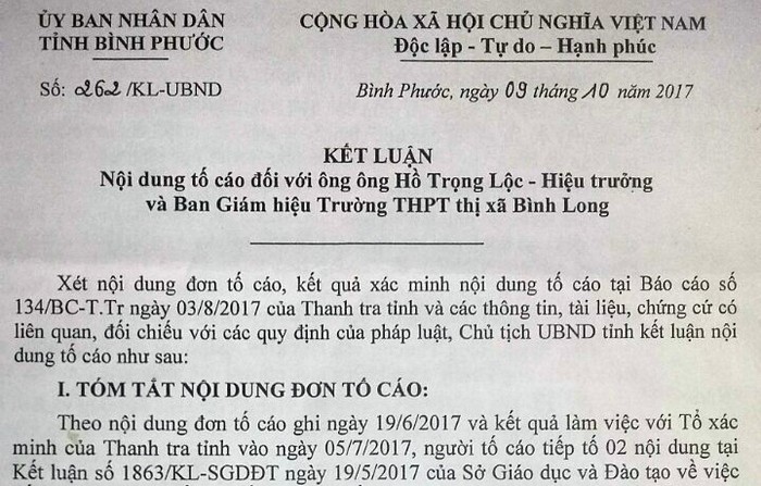 Kết luận nội dung tố cáo đối với ông Hồ Trọng Lộc - Hiệu trưởng và Ban giám hiệu Trường Trung học phổ thông thị xã Bình Long.