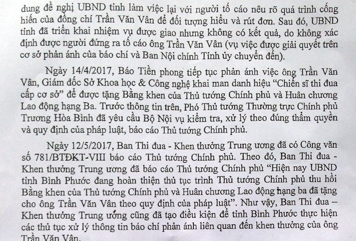 Báo cáo của Ủy ban nhân dân tỉnh Bình Phước về kết quả kiểm tra, xử lý thông tin báo chí phản ánh sai phạm trong việc kê khai hồ sơ đề nghị khen thưởng của ông Trần Văn Vân.