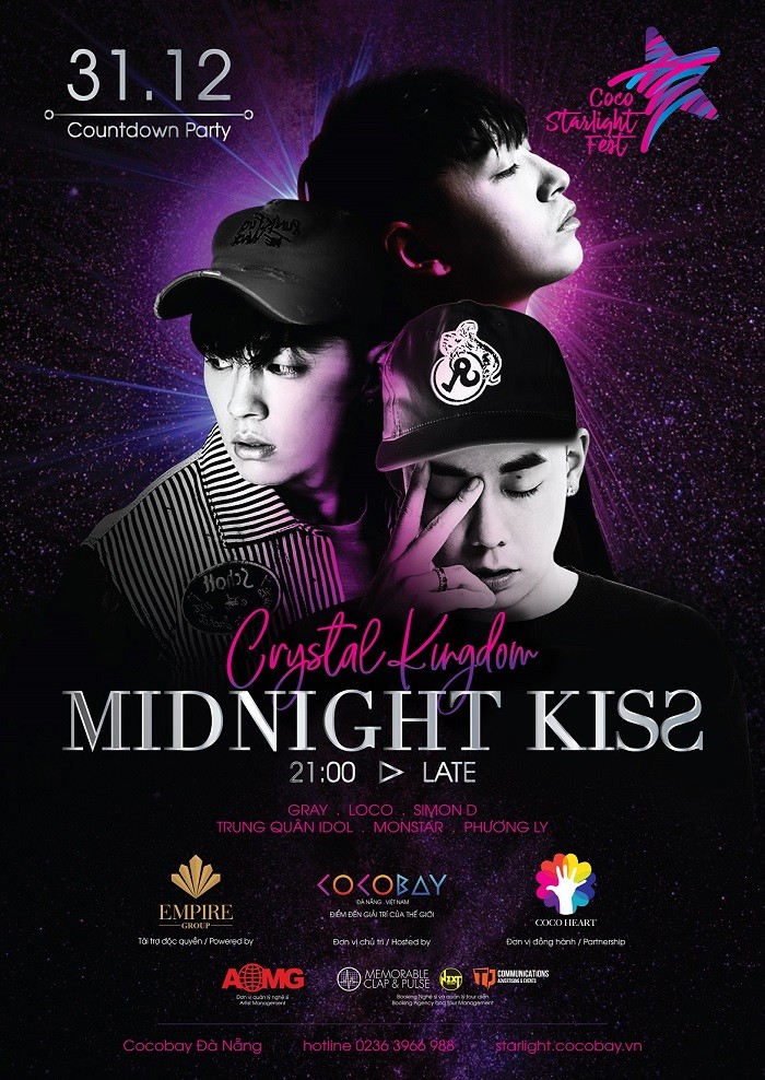 Simon D, Gray và Loco là ba khách mời đặc biệt sẽ có mặt tại đại nhạc hội Midnight Kiss tại Cocobay Đà Nẵng.