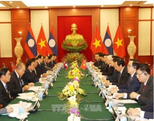 Tổng Bí thư Nguyễn Phú Trọng hội đàm với Tổng Bí thư, Chủ tịch nước Lào Bounnhang Vorachith (Ảnh: Trí Dũng/TTXVN).