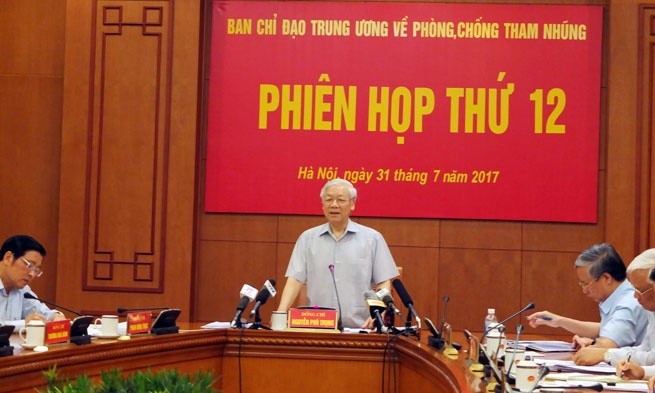 Tổng Bí thư Nguyễn Phú Trọng, Trưởng Ban Chỉ đạo kết luận Phiên họp thứ 12 Ban chỉ đạo trung ương về phòng, chống tham nhũng. Ảnh: Thu Huyền / TTXVN.