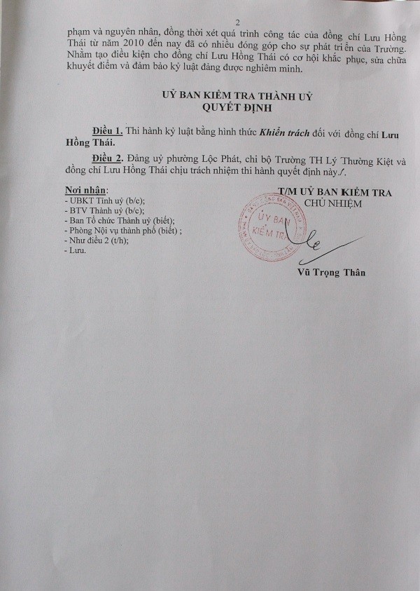 Quyết định thi hành kỷ luật của Ủy ban kiểm tra Thành ủy Bảo Lộc đối với ông Thái (Ảnh: Minh Tâm).
