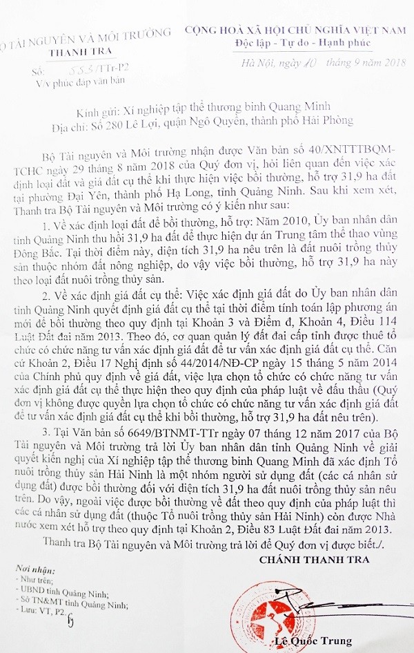 Công văn số 553/TTr – P2 ngày 10/9/2018 của Thanh tra Bộ Tài nguyên và Môi trường gửi Xí nghiệp tập thể thương binh Quang Minh.