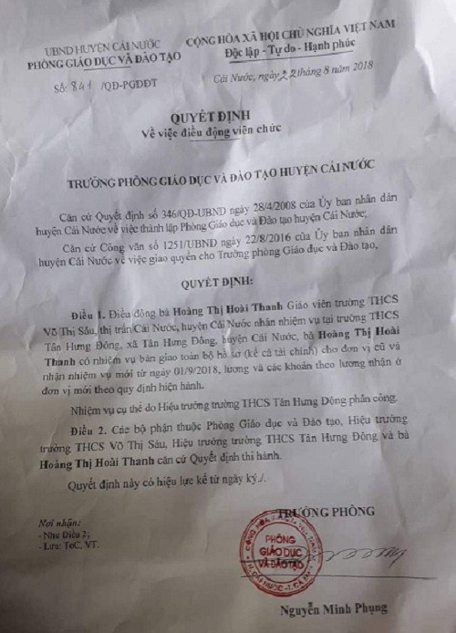 Quyết định về điều động viên chức của cô Hoàng Thị Hoài Thanh (Ảnh: tác giả cung cấp).