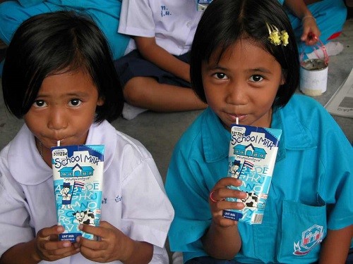 Hình ảnh học sinh tại Thái Lan uống sữa cùng bạn bè (nguồn: internet).