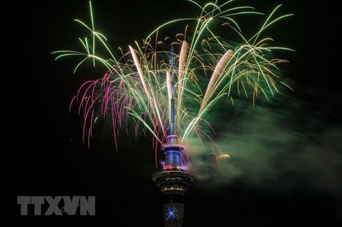 Màn pháo hoa rực rỡ sắc màu trên tòa Tháp Sky ở Auckland của New Zealand, một trong những quốc gia đón Năm mới 2019 sớm nhất. (Ảnh: Mirror/TTXVN)