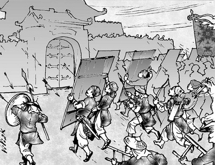 Quân ta đánh đồn Ngọc Hồi, súng bắn ra như mưa. Vua Quang Trung cho quân khỏe mạnh khiêng ván đi trước, bộ binh theo sau (Ảnh minh họa: Internet).