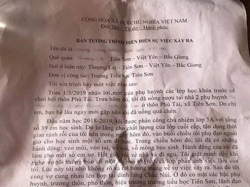 Bản tường trình của giáo viên M. nghi xâm hại hơn 10 em nữ sinh lớp 5, Trường tiểu học Tiên Sơn, huyện Việt Yên, tỉnh Bắc Giang (Ảnh: nld.com.vn).