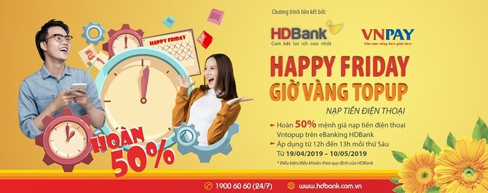 12h trưa thứ 6, nạp tiền điện thoại hoàn 50% giá trị tại HDBank.