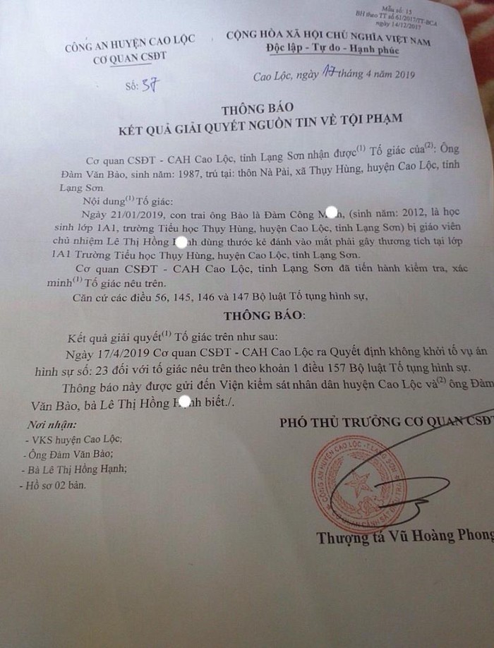 Thông báo của Cơ quan cảnh sát điều tra Công an huyện Cao Lộc, tỉnh Lạng Sơn về kết quả giải quyết nguồn tin về tội phạm. Ảnh: BĐ