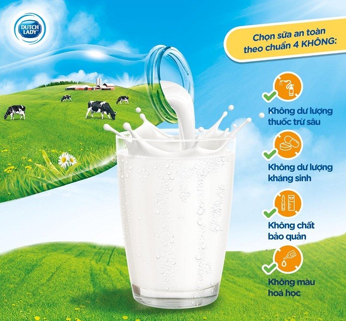 Mỗi hộp sữa tươi Cô Gái Hà Lan đều cam kết đạt chuẩn “4 Không”: Không dư lượng thuốc trừ sâu, không màu hóa học, không dư lượng kháng sinh, không chất bảo quản.