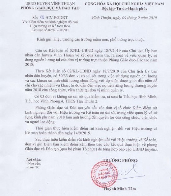 Công văn số 58/CV-PGDDT về việc yêu cầu kiểm điểm rút kinh nghiệm đối với hiệu trưởng và kế toán theo Kết luận số 02/KL-UBND huyện Vĩnh Thuận.
