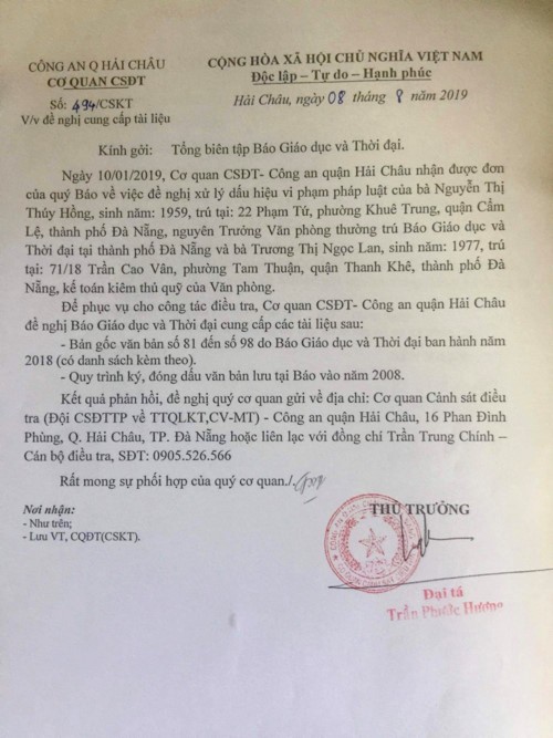 Công an quận Hải Châu- Đà Nẵng yêu cầu Báo Giáo dục và Đào tạo cung cấp tài liệu sau khi có quyết định tạm đình chỉ.