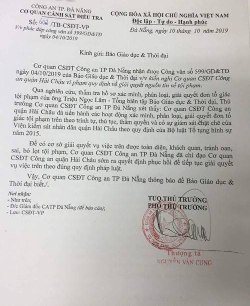 Văn bản của Cơ quan Cảnh sát điều ta Công an Thành phố Đà Nẵng gửi Báo Giáo dục và Thời đại.