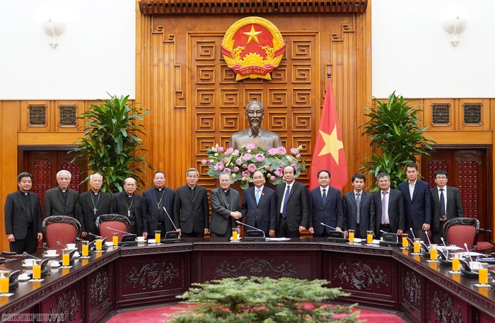 Thủ tướng Nguyễn Xuân Phúc tiếp đoàn Hội đồng Giám mục Việt Nam. Ảnh: VGP