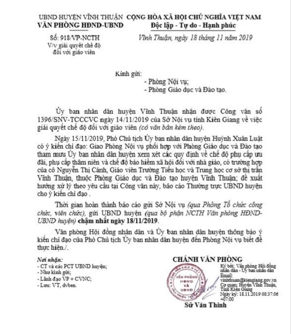 Công văn 918 về giải quyết chế độ giáo viên của Ủy ban nhân dân huyện Vĩnh Thuận.