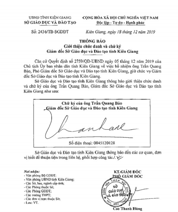 Giới thiệu chức danh và chữ ký của ông Trần Quang Bảo, Giám đốc Sở Giáo dục và Đào tạo Kiên Giang (Ảnh: tác giả cung cấp).