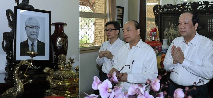 Thủ tướng Nguyễn Xuân Phúc, Phó Thủ tướng Vũ Đức Đam dâng hương, tưởng nhớ nguyên Thủ tướng Võ Văn Kiệt. Ảnh: VGP