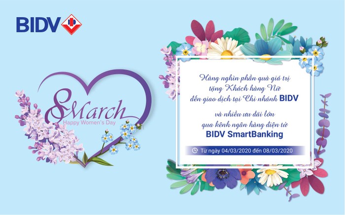 Hàng nghìn phần quà giá trị tặng khách hàng nữ đến giao dịch tại chi nhánh BIDV và nhiều ưu đãi lớn qua kênh ngân hàng điện tử BIDV SmartBanking.