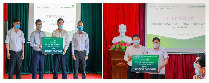 Đại diện Vietcombank trao ủng hộ Sở Y Tế tỉnh Hà Tĩnh và huyện Hương Sơn, tỉnh Hà Tĩnh mỗi đơn vị 500 triệu đồng để mua sắm trang thiết bị y tế phòng chống dịch Covid – 19.