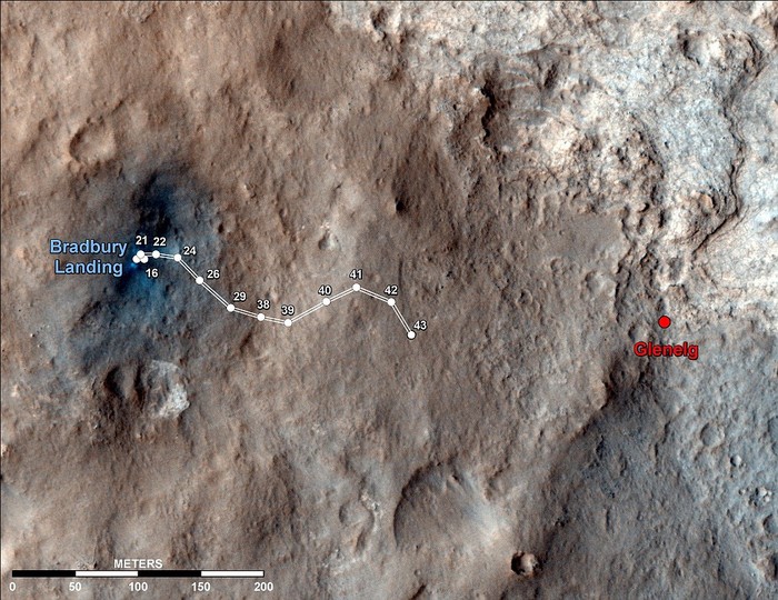 Tuyến đường tàu tự hành Curiosity đã đi kể từ khi đặt chân lên sao Hỏa. Vùng Glenelg ở phía đông là địa điểm nghiên cứu khoa học lớn đầu tiên của sứ mệnh thăm dò sao Hỏa.