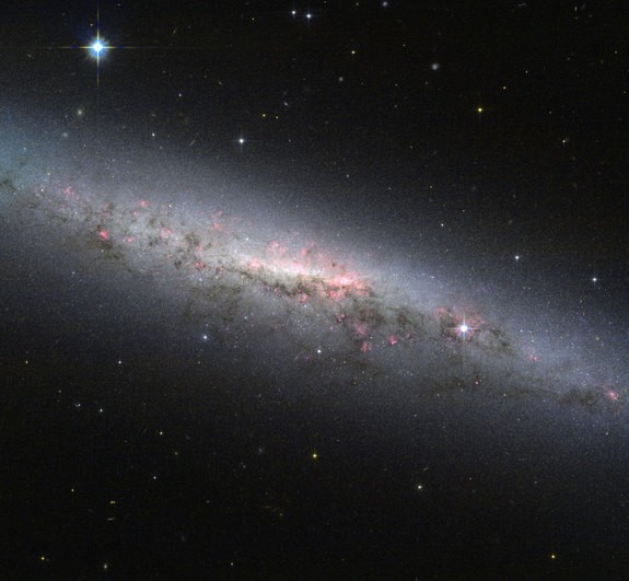 Thiên hà xoắn ốc “siêu mắn”: Một bức ảnh mới của Kính viễn vọng không gian Hubble khẳng định một dải ngân hà xoắn ốc xa xôi thực sự đang sản sinh ra các ngôi sao mới với tốc độ rất nhanh. Hình ảnh mới của Hubble chụp lại một dải ngân hà có tên NGC 7090, cách Trái đất khoảng 30 triệu năm ánh sáng ở phía nam chòm sao Ấn Đệ An. Vệt sáng cho thấy nhân trung tâm có dạng đĩa phình ra của dải ngân hà có thể chứa hàng loạt các ngôi sao khá cổ đại và lạnh lẽo cũng như cho thấy rất nhiều các vùng màu hồng phân tán xung quanh NGC 7090.