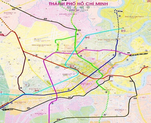 Sơ đồ quy hoạch dự án metro của TP. HCM, trong đó, tuyến metro số 5 có màu tím