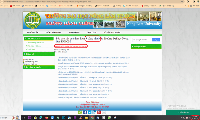 Website Trường Đại học Nông Lâm Thành phố Hồ Chí Minh có đường link truy cập báo cáo ba công khai. (Ảnh chụp màn hình ngày 19/12/2023).