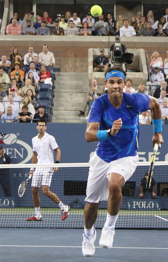 Cây vợt người Tây Ban Nha Rafael Nadal trong trận đấu với Novak Djokovic của Serbia trong khuôn khổ giải Mỹ mở rộng ngày 12/9/2011.