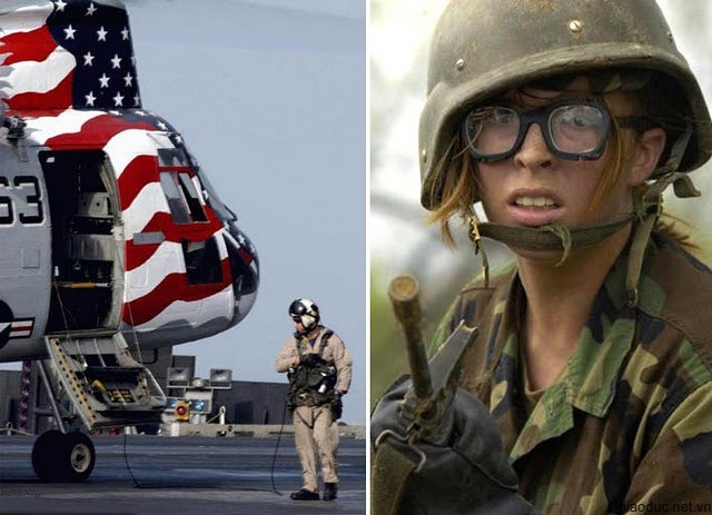 Xạc điện từ máy bay (trái). Nữ quân nhân Mỹ phờ phạc đến thảm hại sau buổi tập luyện (phải)