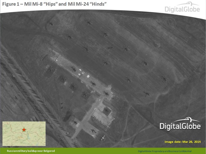 Hình chụp hôm 26/3/2014 tại một địa điểm nơi Nga tập kết các máy bay trực thăng Mi-8, Mi-24 ở Belgorod, miền Nam nước Nga nơi chỉ cách biên giới Ucraine khoảng 50 km (ảnh AP).
