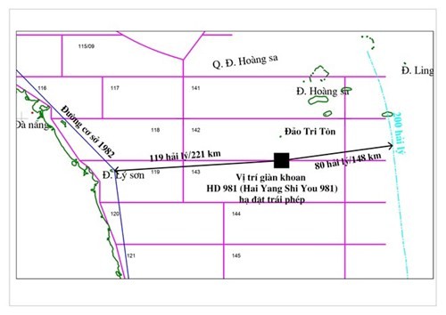 Bản đồ minh họa vị trí giàn khoan HD981 của Trung Quốc hạ đặt trái phép trong vùng đặc quyền kinh tế, thềm lục địa Việt Nam. (Nguồn: Tập đoàn Dầu khí Việt Nam).