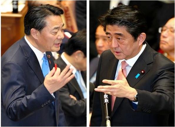 Ông Abe và Kaieda có nhiền quan điểm trái ngược trái ngược nhau... Bên trái là Banri Kaieda, lãnh đạo Đảng Dân chủ Nhật Bản (DPJ) (đảng đối lập với đảng của ông Abe) đã thăm và hội đàm tại Bắc Kinhvào ngày 15-16/7/2014.