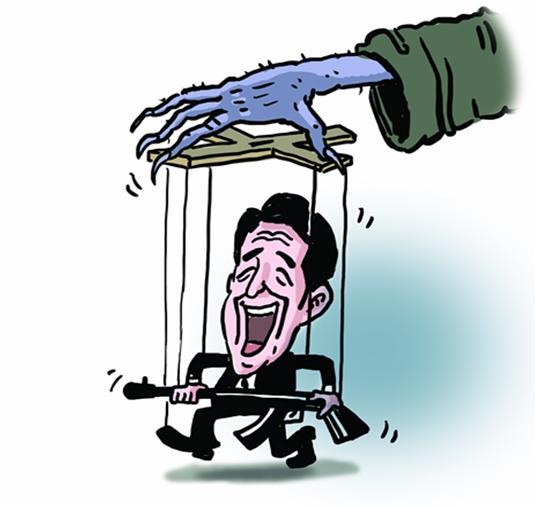 Minh họa của Liu Rui,Thời báo Hoàn cầu - Global Times, cho bài viết: “Nỗ lực của Abe nhằm chỉnh sửa hiến pháp hòa bình gây nguy hiểm cho tinh thần của Nhật Bản”