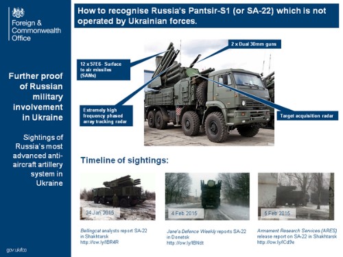 Gần đây, Bộ Ngoại giao Anh cũng đã đưa ra một đồ họa cho thấy thông số chi tiết của hệ thống tên lửa đất đối không gắn trên xe tải SA-22 của Nga cùng các bức ảnh được truyền thông và nhóm tư vấn quốc phòng công bố, cho thấy loại vũ khí này đang được sử dụng tại miền đông Ukraine trong vài tuần qua.