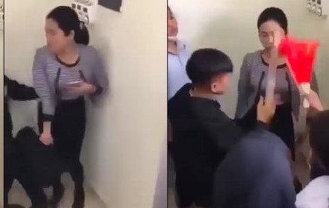 Nhóm học sinh Trường Trung học cơ sở Văn Phú có hành vi ngỗ ngược đối với giáo viên. Ảnh cắt từ clip.