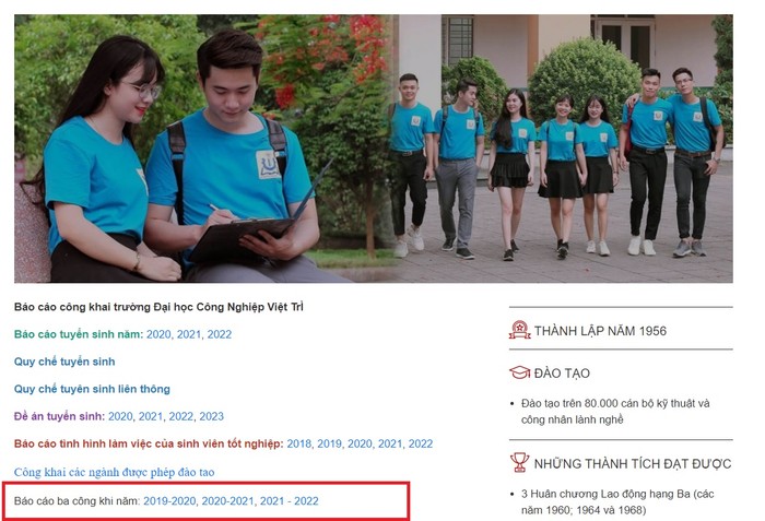 Website Trường Đại học Công nghiệp Việt Trì chưa có báo cáo 3 công khai năm học gần nhất là 2022-2023. Ảnh chụp màn hình.