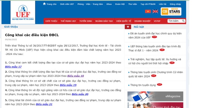 Website Trường Đại học Kinh tế - Tài chính Thành phố Hồ Chí Minh chỉ hiển thị duy nhất báo cáo 3 công khai năm học 2023-2024. Ảnh chụp màn hình.