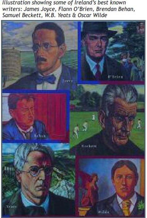 Ảnh minh hoạ một số nhà văn nổi tiếng nhất của Ai Len: James Joyce,Flann O’Brien, Brendan Behan, Samuel Backett, W.B. Yeats & Oscar Wilde