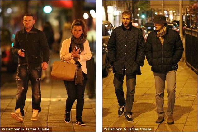 Wayne Rooney và vợ Coleen (trái), HLV Mancini trên đường tới nhà hàng Gusto