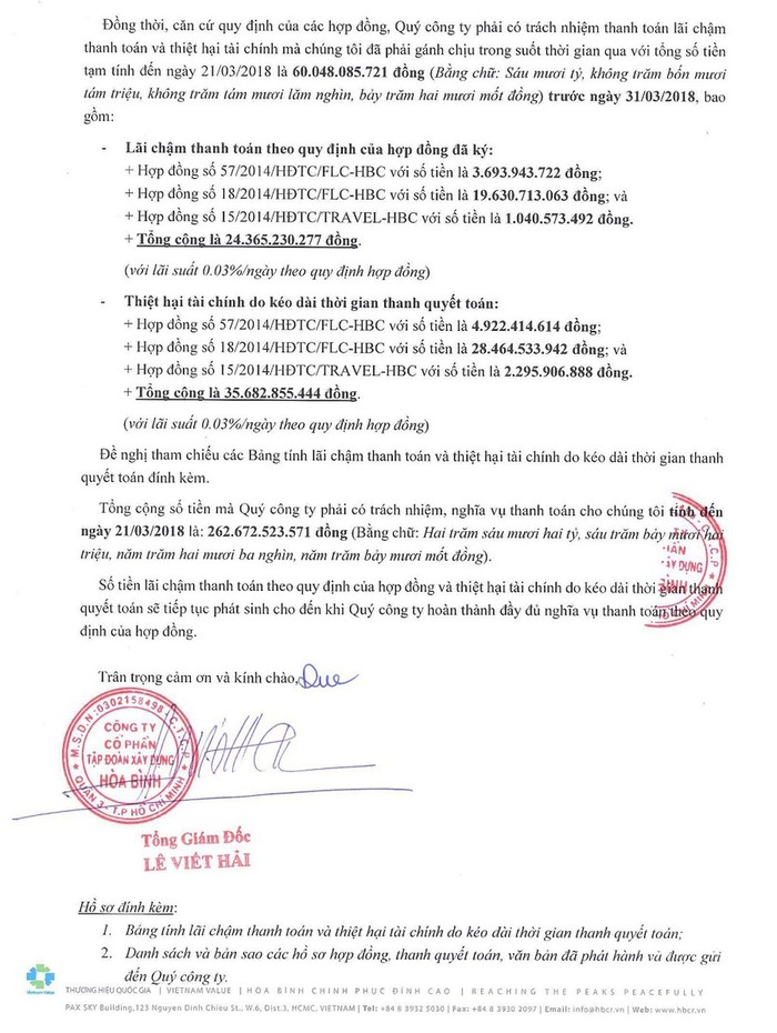 Công văn của Tập đoàn Hòa Bình gửi Tập đoàn FLC với nội dung yêu cầu thanh toán hơn 262 tỷ đồng. Ảnh: Tùng Dương.