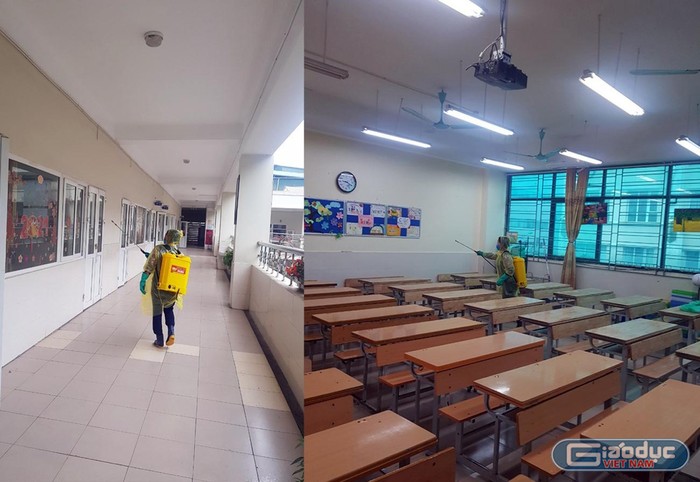 Tại Trường Tiểu học Dịch Vọng A (Cầu Giấy, Hà Nội), công tác phun khử khuẩn các phòng học và khuôn viên nhà trường được hoàn thành trước ngày 2/3. Ảnh: Nhà trường cung cấp.