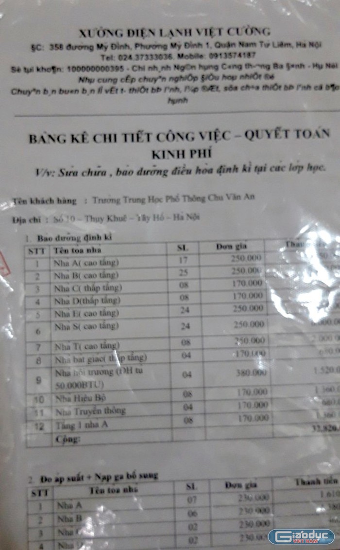 Bản kê vật tư, sửa chữa mà Ban đại diện cha mẹ học sinh Trường Trung học phổ thông Chu Văn An, Hà Nội nhận được. Ảnh: NVCC.