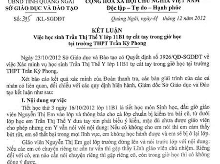 Kết luận do GĐ Sở GD-ĐT tỉnh Quảng Ngãi Thái Văn Đồng ký