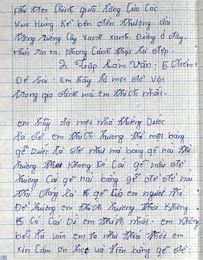 Bài văn của một học sinh lớp 9, Trường THCS Liên Trung, Hà Nội.
