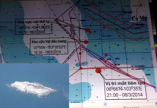 Bản đồ vị trí máy bay mất liên lạc, vết dầu loang và vật thể lạ. Hình nhỏ là đảo Thổ Chu. Ảnh: Thanh niên.