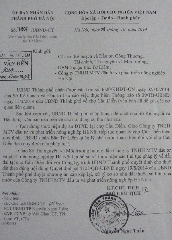 Căn cứ vào đâu mà UBND TP Hà Nội ra văn bản cho Công ty TNHH MTVđầu tư và phát triển nông nghiệp Hà Nội quản lý chợ Cầu Diễn?