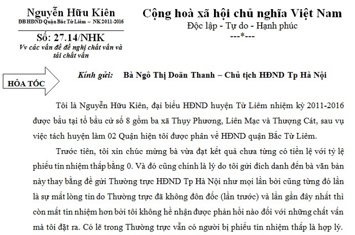 Toàn bộ những vấn đề ông Nguyễn Hữu Kiên nêu trong văn bản gửi tới bà Ngô Thị Doãn Thanh - Chủ tịch HĐND thành phố Hà Nội đều nhằm chống tiêu cực, bảo vệ quyền lợi của người dân.