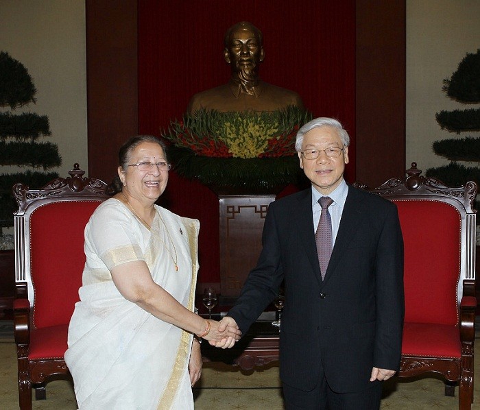Tổng Bí thư Nguyễn Phú Trọng tiếp bà Sumitra Mahajan - Chủ tịch Hạ viện Ấn Độ. ảnh: TTXVN.